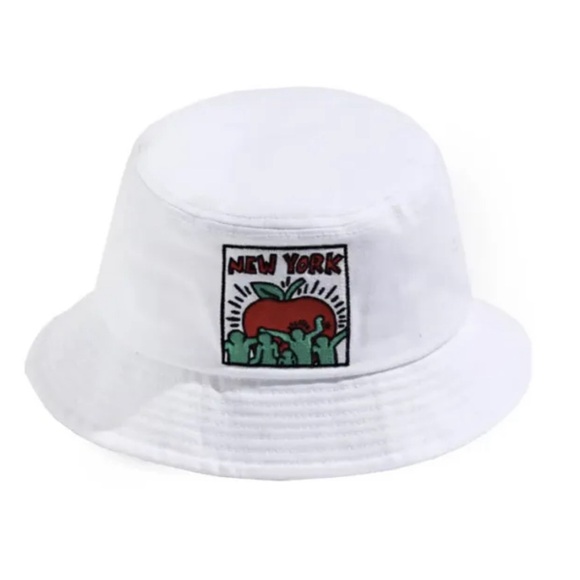 Keith Haring New York City NYC White Bucket Hat Big Apple Vintage Look Cap - Picture 4 of 5